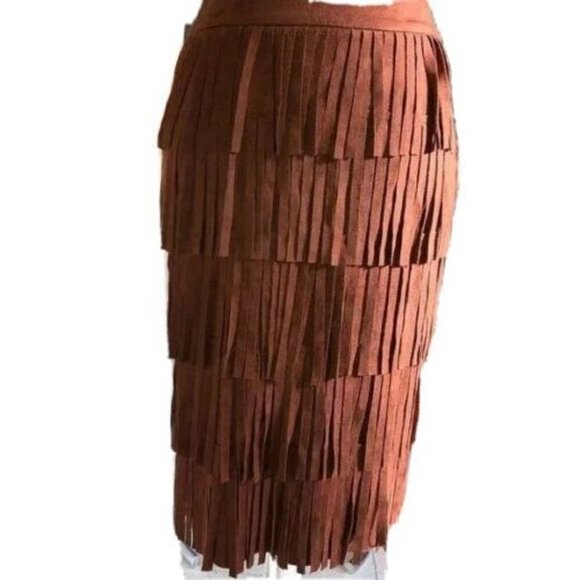 J.O.A. Los Angeles Fringe Skirt Small Brown Lined Hidden Side Zipper Hook Eye - Picture 2 of 10